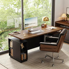71" Standing Executive Desk with Privacy Panel, Large One-Piece Electric Height Adjustable Stand Up Desk with Charging Station, File Cabinet Storage, Home and Office, Black Walnut