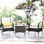 COSTWAY 3 Pieces Patio Rattan Furniture Set, Outdoor Conversation Chair Set with Coffee Table & 2 Cushions for Backyard, Porch, Poolside, Lawn, Garden, White