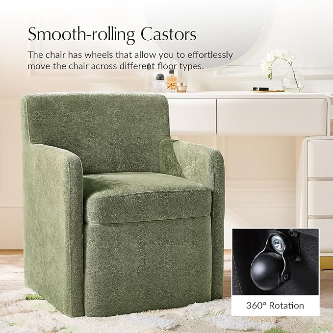HULALA HOME Upholstered Dining Chair with Smooth-roling Castors, Modern Fabric Side Dining Room Chairs with Built-in Storage, Multi-Purpos Kitchen Chairs for Living Room, Moss