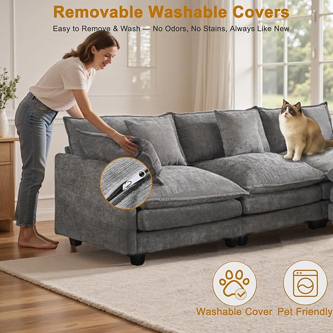 U-Shaped Cloud Chenille Sectional with 2 Ottomans, 146" Modular Sofa for Large Spaces, Ultimate Comfort with Deep Seats & Pillows, Solid Frame, 1YR Warranty