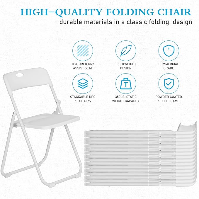 20 Pack White Plastic Folding Chairs, Indoor Outdoor Portable Stackable Commercial Seats with Steel Frame for Home Office Wedding Party Events Kitchen Dining, 350lb Capacity