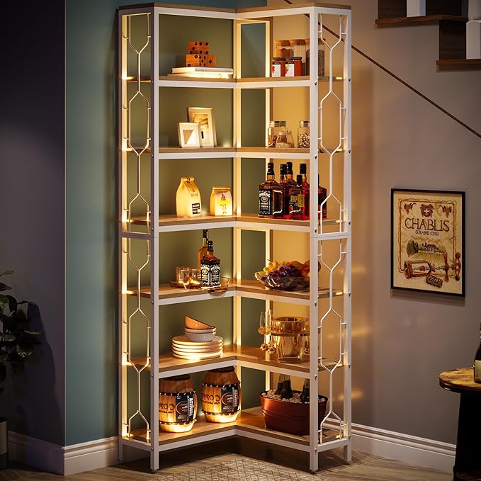 Tribesigns Corner Shelf, 7-Tier Industrial Corner Bookshelf, Wood and Metal Corner Etagere Bookcase, Freestanding Display Shelf for Living Room, Kitchen, Home Office, White and Natural
