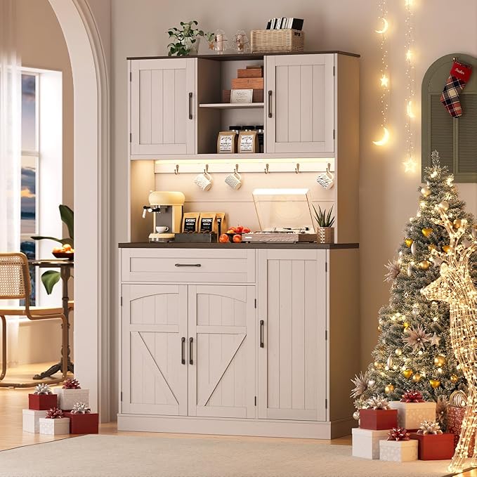 ONBRILL 71" Pantry Cabinet, Kitchen Pantry Storage Cabinet with LED Light & Outlet, Kitchen Hutch with Microwave Shelf & 6 Hook, Door Shelf & Drawer & Adjustable Shelf, Dining Room, Off White+Walnut
