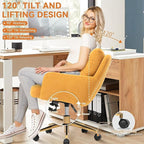 Velvet Office Chair, Comfy Home Office Desk Chairs with Lumbar Support, Modern Velvet Desk Chair Gold Legs Small Swivel Task Chair for Home Office, Bedroom, Study (Yellow, L)