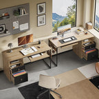 Bestier 55 Inch Computer Desk with Keyboard Tray, Modern Office Desk with Storage, Wood Writing Desk with File Drawer, Fluted Panel & 2 Hooks for Home Office & Studio, Natural Oak