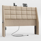Ergonomic Upholstered Full Size Headboard w/Charging Station, Linen Wingback Headboards w/Storage Pocket, Full Headboard Only, Bed Frame Adapters, Sturdy Solid Wood Bed Head Board, Beige