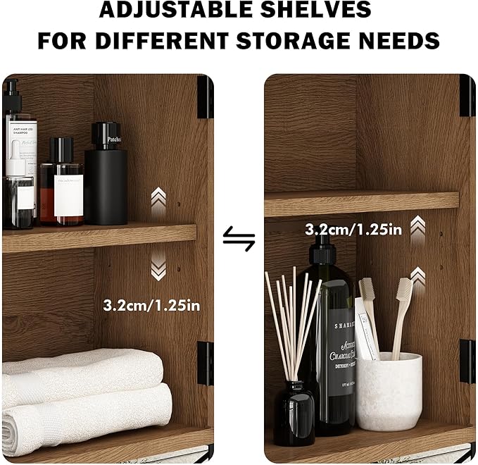 RUSTOWN Rattan Bathroom Wall Cabinet, Boho Over The Toilet Storage Cabinet with Arched Rattan Doors, Modern Medicine Cabinet with Adjustable Shelves & Towel Bar, Bathroom Organizer(Rustic Oak, Small)