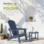 nevilywood Folding Adirondack Chair - Extended Ergonomic Backrest, Cup Holder - Easy Assembly - Durable HDPE Plastic, Weather Resistant & Maintenance-Free - Lawn, Patio, Deck Supports 380lbs NavyBlue