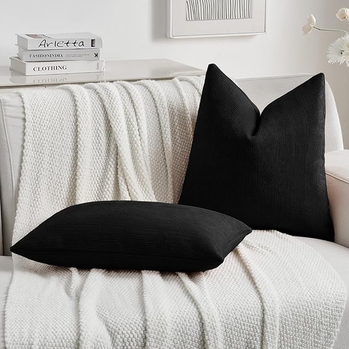 FUTEI Black Chenille Decorative Throw Pillow Covers 20x20 Inch Set of 2,Soft Cozy Striped Geometric Patterns Cushion Cases,Modern Home Decor for Couch Bed Living Room