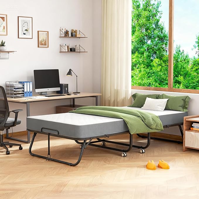 Pataku Folding Bed with Mattress, Twin Foldable Bed, Roll Away Beds for Adults, 75" x 31" Roll Away Portable Beds with 5" Mattress, Folded Frame for Small Apartment, Guest Room