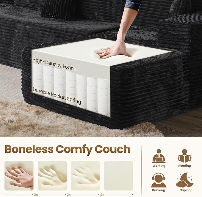 Cloud Sectional Couch with Chaise, Boneless U-Shaped Cloud Couch with Deep Seat, Soft Plush Modern Minimalist Sofa, Assembly Free Modular Floor Sofa for Office Living Room Apartment, Black