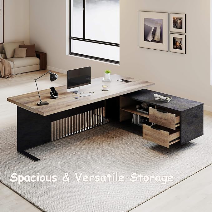 70.86 inch Inch Large Executive Desk with Drawers Cabinet, L Shaped Office Desk, Computer Desk with Universal Charging Ports and Cable Management for Business Furniture Set Workstation for Home Office