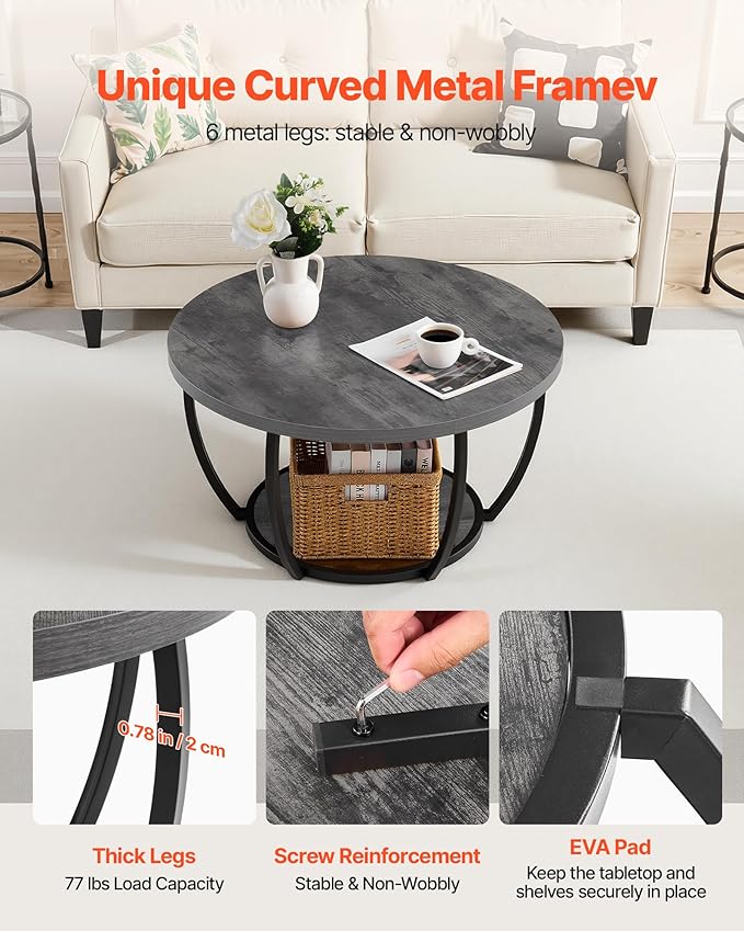VEVOR Coffee Table, Modern Round Coffee Table, 2 Tiers Wooden Circle Center Desk with Open Storage, Minimalist Sturdy Metal Frame Accent End Desk for Living Room, Office, Easy Assembly, Grey