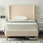 PINJU Twin Size Bed Frame, Upholstered Platform Bed with Modern Vertical Striped Wingback Headboard with Wooden Slats, Easy to Assemble No Noise Free (Beige, Twin)