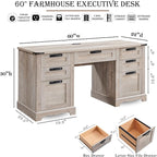 RedLemon 60" Farmhouse Executive Desk, Home Office Desk with Drawers, Charging Station, Keyboard Tray, File Drawer, Storage Cabinet, Wood Rustic Computer Writing Desk (Light Rustic Oak)