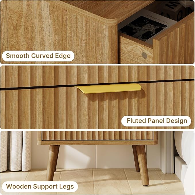 LYNSOM Fluted Dresser and Nightstand Sets 3 Piece, 5-Drawers Dresser and 2-Drawer Nightstands Set of 2, Wood Bedroom Furniture Set for Home, Bedroom, Hallway, Natural Oak