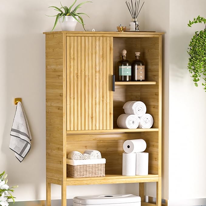 Over The Toilet Storage Cabinet with Fluted Doors, Bathroom Over Toilet Rack with Adjustable Shelf Bamboo FreeStanding Space-Saving Storage Organizer, Natural