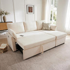 Waxberry Sectional Sofa Couch, Pull Out Couch Sleeper Sofa Bed with Storage for Living Room, Reversible Chaise, Side Pockets & Dual USB/Type-C Ports,Includes 1 Blanket, Beige