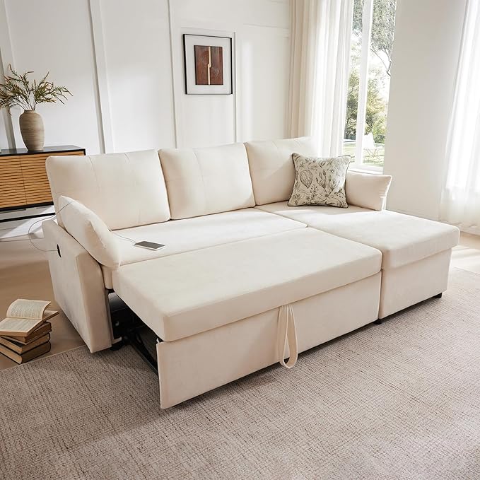 Waxberry Sectional Sofa Couch, Pull Out Couch Sleeper Sofa Bed with Storage for Living Room, Reversible Chaise, Side Pockets & Dual USB/Type-C Ports, Beige