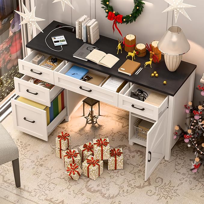 Vabches Farmhouse 61'' Executive Desk with 5 Drawers, Rustic Office Desk Computer Table with Charging Station, File Drawers and Storage Cabinet, Wood Workstation for Study and Home Office, Black