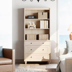 WAMPAT 3 Tier Bookshelf with 3 Drawers, 72" Tall Bookcase Large Farmhouse Display Book Case Shelf with 3-Tier Open Book Shelfs，Library Wood Bookshelves for Living Room,Kitchen, Light Oak
