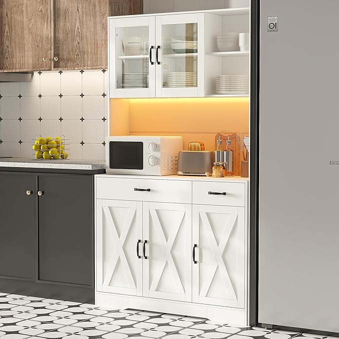 71" Kitchen Pantry Cabinet: Hutch Cabinets with Glass Doors, Pantry Cabinets with Drawers, Adjustable Shelves, LED Light & Power Outlets for Kitchen, Living Room, Dining Room