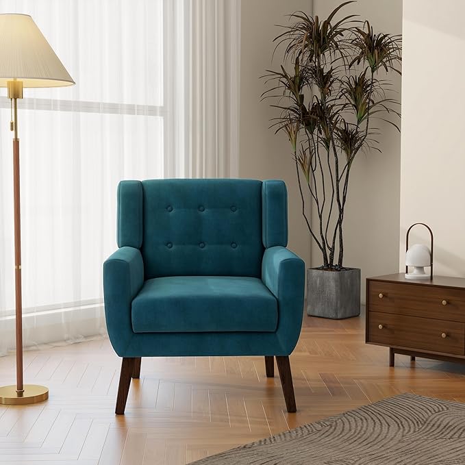 Accent Chair, Mid-Century Modern Velvet Fabric Chairs with Arms for Living Room, Comfy Upholstered Club Single Sofa Armchair for Bedroom Waiting Room with Solid Wood Frame (Velvet Blue, Set of 2)
