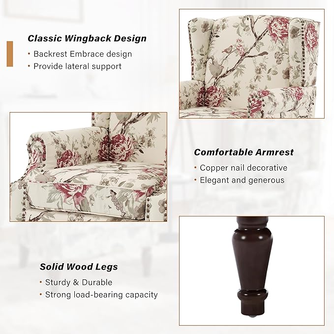 Floral Wingback Accent Chairs Set of 2, High Back Upholstered Armchair, Comfy Fabric Wingback Arms Chairs with Solid Wood Legs, Single Sofa Reading Chair for Bedroom Living Room, Beige
