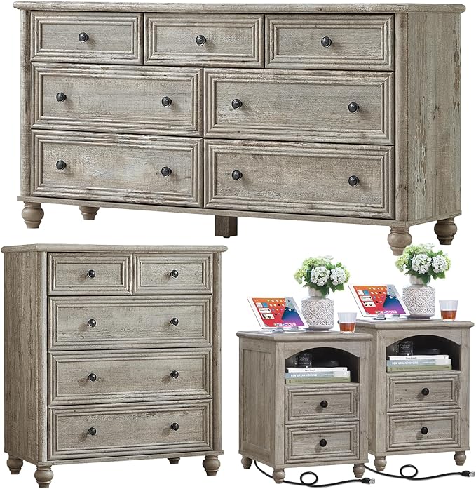 Farmhouse Dressers & Night Stand Set of 4, Wood 54" Wide Dresser & 35" Tall Chest of Drawers, 18" with Charging Station Nightstand Set of 2, Bedroom Furniture Dresser Set for Home Living Room Hallway