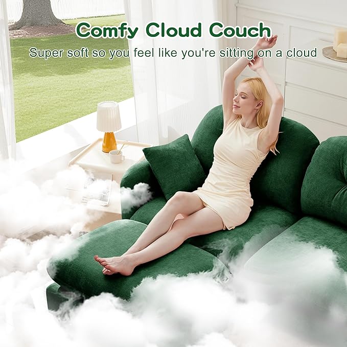 107" L Shaped Sofa for Living Room, Comfy Chenille Fabric Cloud Sectional Couch, Modern Upholstered Deep Seat Sofa with Pillow and Movable Ottoman, Oversized 3 Seater Sectional Sofa, Green