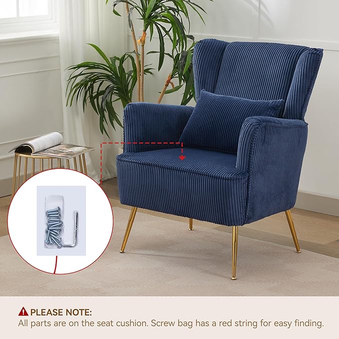 Corduroy Accent Living Room Arm Chair Set of 2 Mid Century Modern Chairs with Pillow & Golden Legs, 8.5" Thick Cushion, Upholstered Comfy Sofa Armchair for Reading Room/Bedroom, Blue