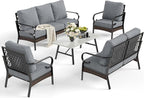 5 Piece Metal Outdoor Patio Furniture Set, Patio Conversation Set with 1 3-Seater Sofa, 2 Fixed Sofa with 5.75" Thick Cushion & Coffee Table, Black & Gray Backyard Furniture