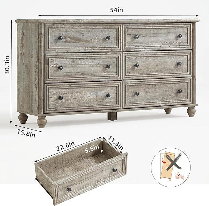 6 Drawers Dresser for Bedroom, Farmhouse 54" Wide Wood Dressers Chest of Drawers, Vintage Design TV Stand, Rustic Storage Dresser Organizer with Metal Handle Closet for Living Room, Hallway