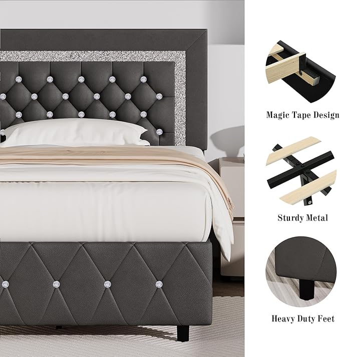 BarnFurin King Bed Frame with Diamond Tufted Headboard, Faux Leather Upholstered Bed with Wooden Slats Support, No Box Spring Needed, Mattress Foundation, Easy Assembly, Gray