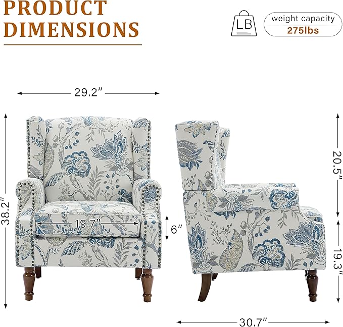 Floral Wingback Accent Chair Set of 2, High Back Upholstered Armchair, Comfy Fabric Wingback Arms Chairs with Retro Solid Wood Legs, Single Sofa Reading Chair for Bedroom Living Room, Plants Blue