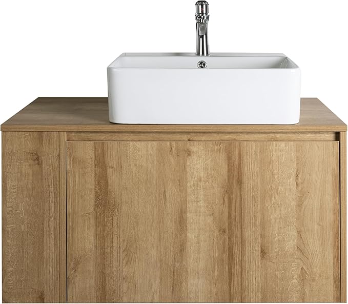 Bathroom Vanity, Natural Color Wall-Mounted Bathroom Vanity with Hidden Drawer (Nature with Sink, 36")