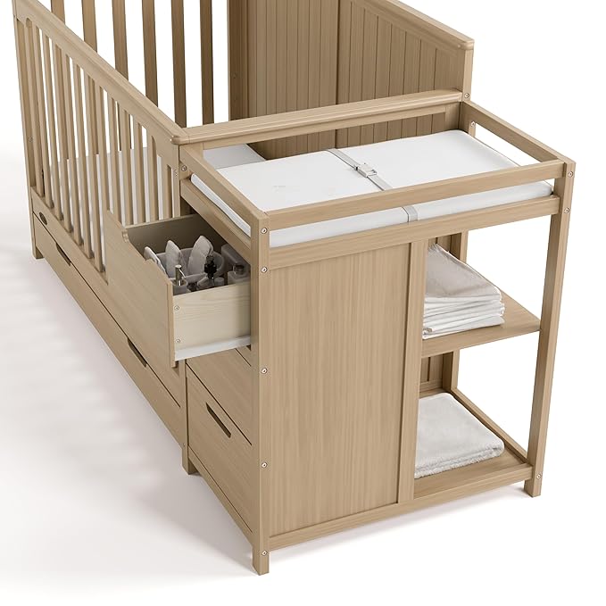 Graco Hadley 5-in-1 Convertible Crib & Changer (Driftwood) – GREENGUARD Gold Certified, Fits Standard Crib Mattress, Converts to Toddler Bed and Full Bed, 4 Adjustable Mattress Heights