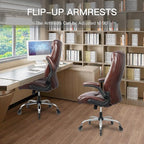 Big and Tall Office Chair for Heavy People, Executive Desk Computer Chair Adjustable Flip-up Armrests, PU Leather Swivel Task Chair with Ergonomic High Back and Lumbar Support（Brown