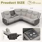 Manual Recliner Sectional Sofa for Living Room, Corner Couch with Flip Middle Backrest, USB Ports & Cup Holders, Grey Linen & Chocolate Leather, 5 Seater Sectional Couch