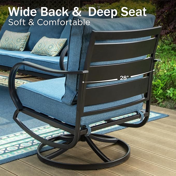PHI VILLA 4 Piece Patio Furniture Sets for 5 Person with 1 x 3-Seat Deep Seating Bench, 2 x Cushioned Swivel Sofa Chairs & 1 x Coffee Table, Outdoor Metal Conversation Set for Lawn Garden, Navy Blue
