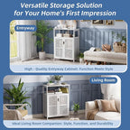 HITNET White Bathroom Cabinet, Bamboo Storage Cabinet Freestanding, Side Tall Storage Organizer for Kitchen Living Room Entryway