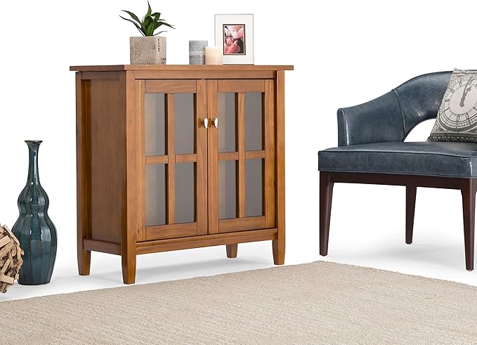 SIMPLIHOME Warm Shaker SOLID WOOD 39 inch Wide Transitional Medium Storage Media Cabinet in Light Golden Brown for the Living Room, Entryway and Family Room