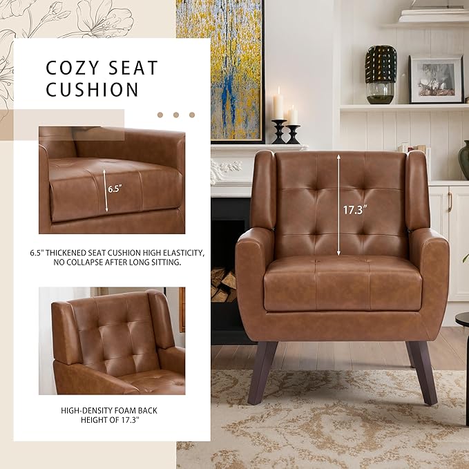 Faux Leather Accent Chairs Set of 2, Mid-Century Modern Upholstered Armchair, Comfy Living Room Chairs Reading Chairs with Button Tufted Back & Solid Wood Legs for Bedroom, Office, Coffee