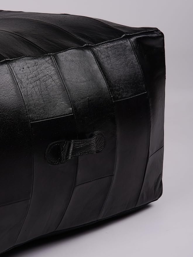 Handmade Eco-Friendly Geometric Leather Pouf Black Color Square 26" x 26" x 14" Buffalo Leather Pouf for Living Room, Bedroom Seating, Patio