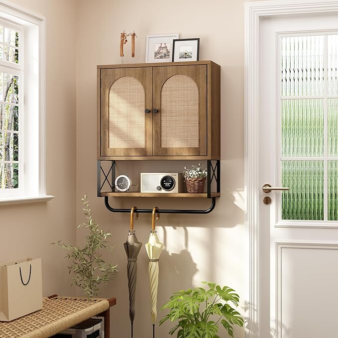 RUSTOWN Rattan Bathroom Wall Cabinet, Boho Over The Toilet Storage Cabinet with Arched Rattan Doors, Modern Medicine Cabinet with Adjustable Shelves & Towel Bar, Bathroom Organizer(Rustic Oak, Medium)