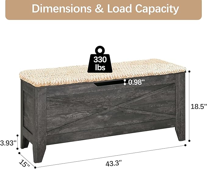 VECELO 43.3" Storage Bench, Entryway Shoe Ottoman, Farmhouse Style Bench with Handwoven Cushion and Metal Safety Hinges, for Bedroom, Living Room, Entryway, Gray
