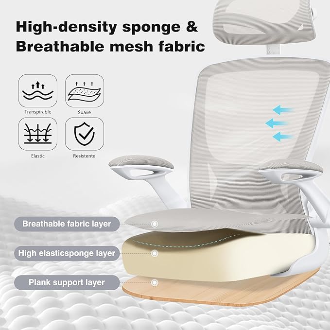 High Back Ergonomic Office Chair, Home Office Mesh Desk Chairs with Lumbar Support, Flip-up Armrests, Swivel Computer Chair for Gaming, Light Gray