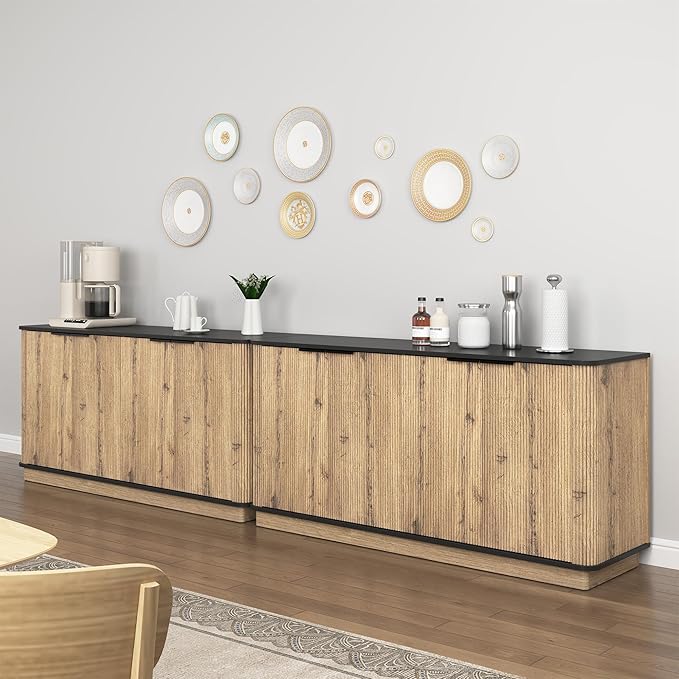 LKTART 55" Sideboard Buffet Cabinet with Storage, Wooden Fluted Storage Cabinet Sideboard with Adjustable Shelves Metal Rounded Corner for Kitchen Living Room (Natural)