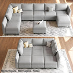 Belffin Large Modular Sectional Sofa Sleeper Sectional Couch with Storage Chenille Sectional Sofa Bed for Living Room, 9 Seats, Light Grey
