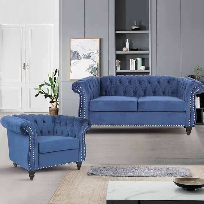 2 Piece Living Room Furniture Set, Velvet Loveseat and Chair Set, Mid Century Modern Upholstered Sofa Couch with Cushions, Comfy Tufted Chesterfield Couches for Living Room, Bedroom, Office